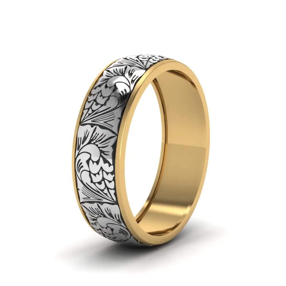 Engraved Two Tone Wedding Band In 14K Yellow Gold ...