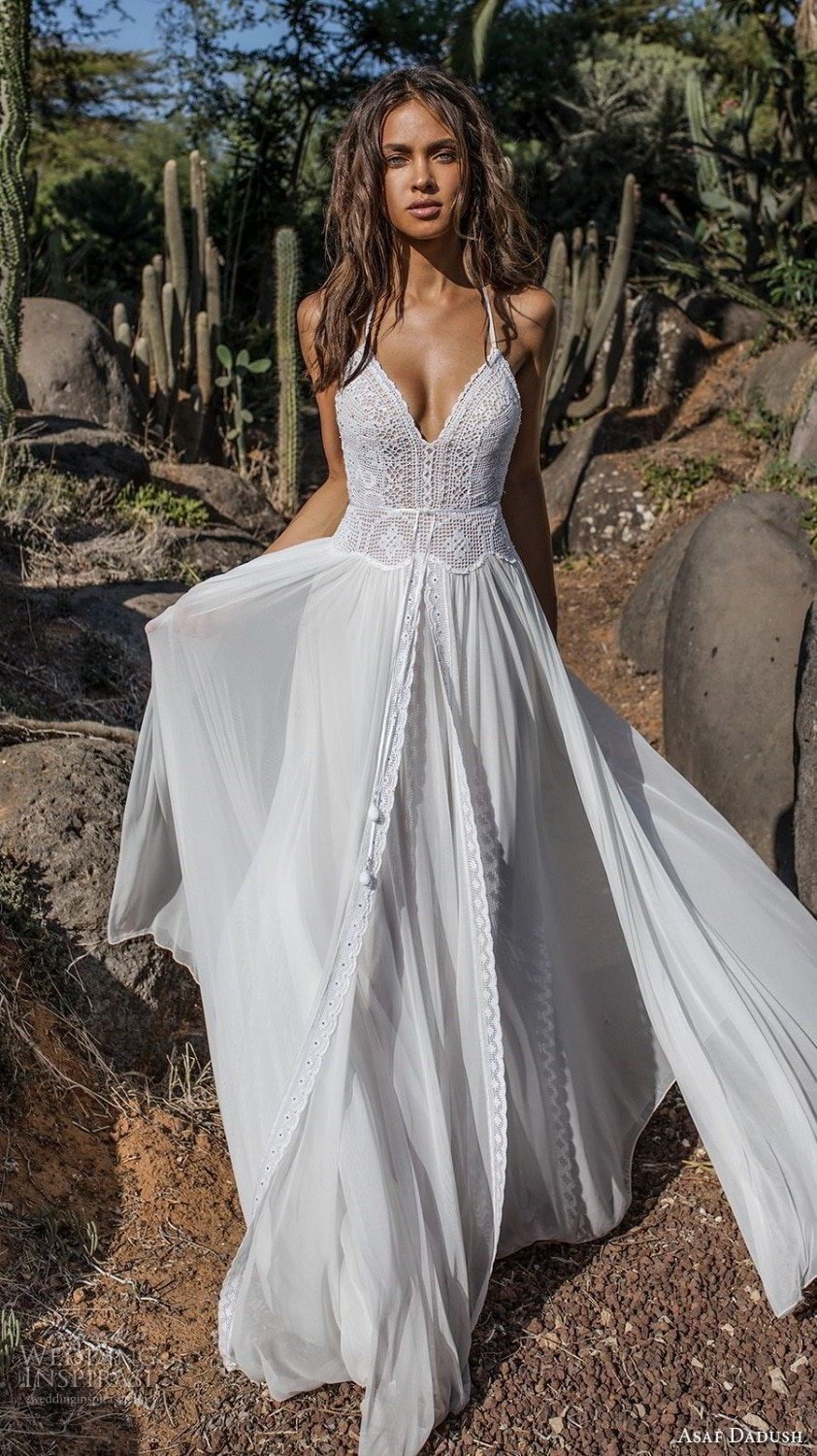 Ensotek Lace Bohemian Wedding Dress 2020 Long Sleeve Open ...