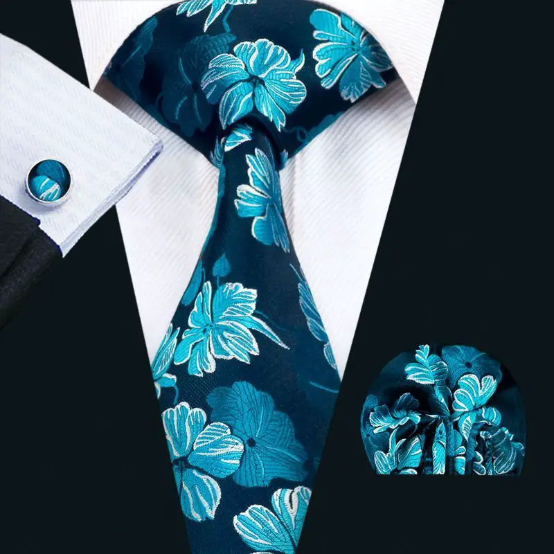 Fashion Men`s Tie Blue Floral Silk Necktie Hanky Cuff link Set For Men ...