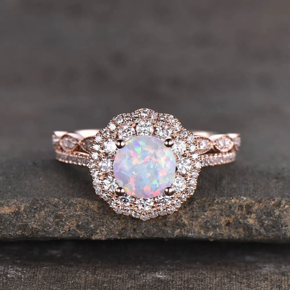 Female Opal Engagement Ring Bridal Set Rose Gold Filigree Milgrain ...