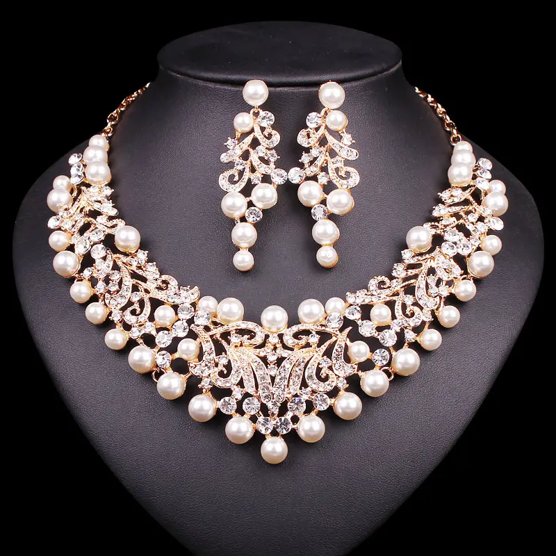 Gold Color Imitation Pearl Wedding Necklace Earrings Sets African Beads ...