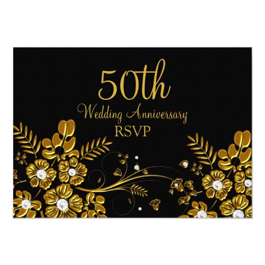 Gold Diamond Floral Swirl 50th Anniversary RSVP Invitation