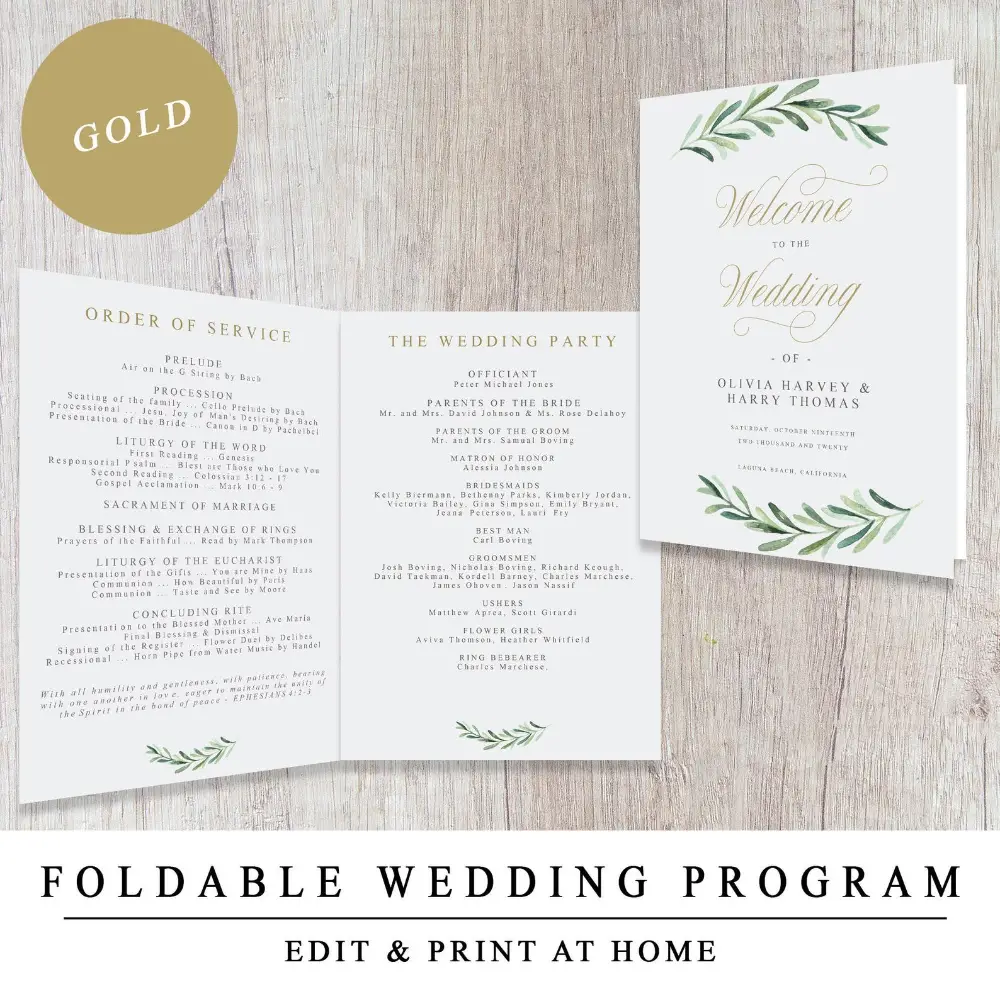 Greenery Wedding Program Booklet &  Gold Calligraphy Printable