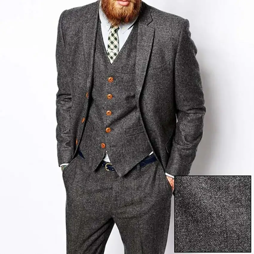 Grey Herringbone Tweed Men Suit Vintage Fall Winter Groom Tuxedo Ternos ...