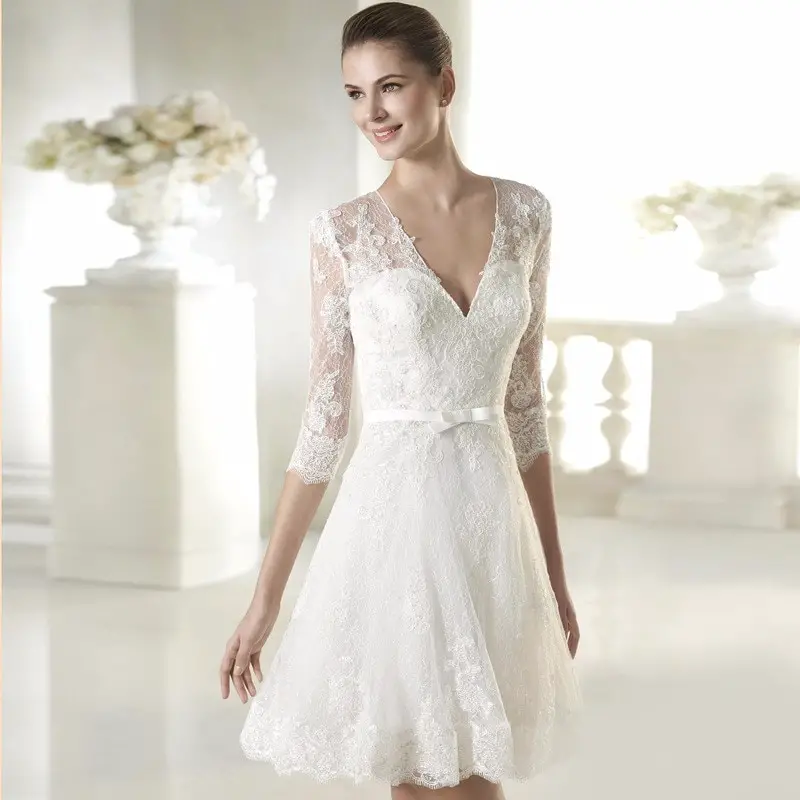 Half Sleeve V Neck White Lace Simple Short Wedding Dress Bridal Gown ...