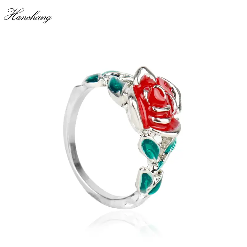 HANCHANG Beauty and the Beast Ring Red Green Enamel Jewelry Rose ...