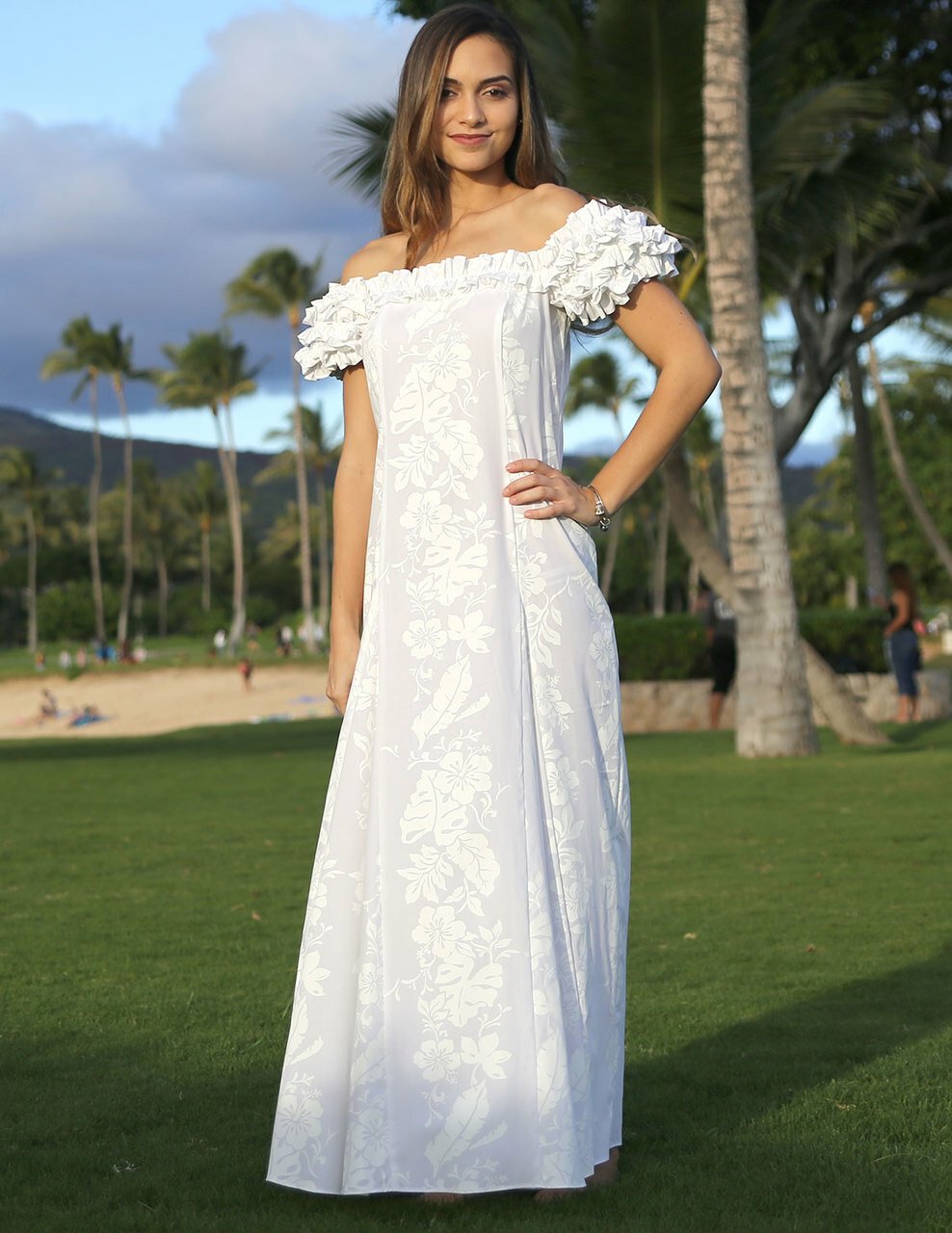 Hawaiian Leis White Wedding Ruffled Dress
