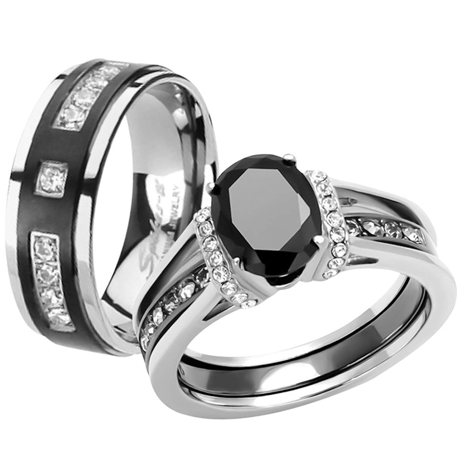 Her and His Black Cz Stainless Steel Wedding Engagement Ring and ...
