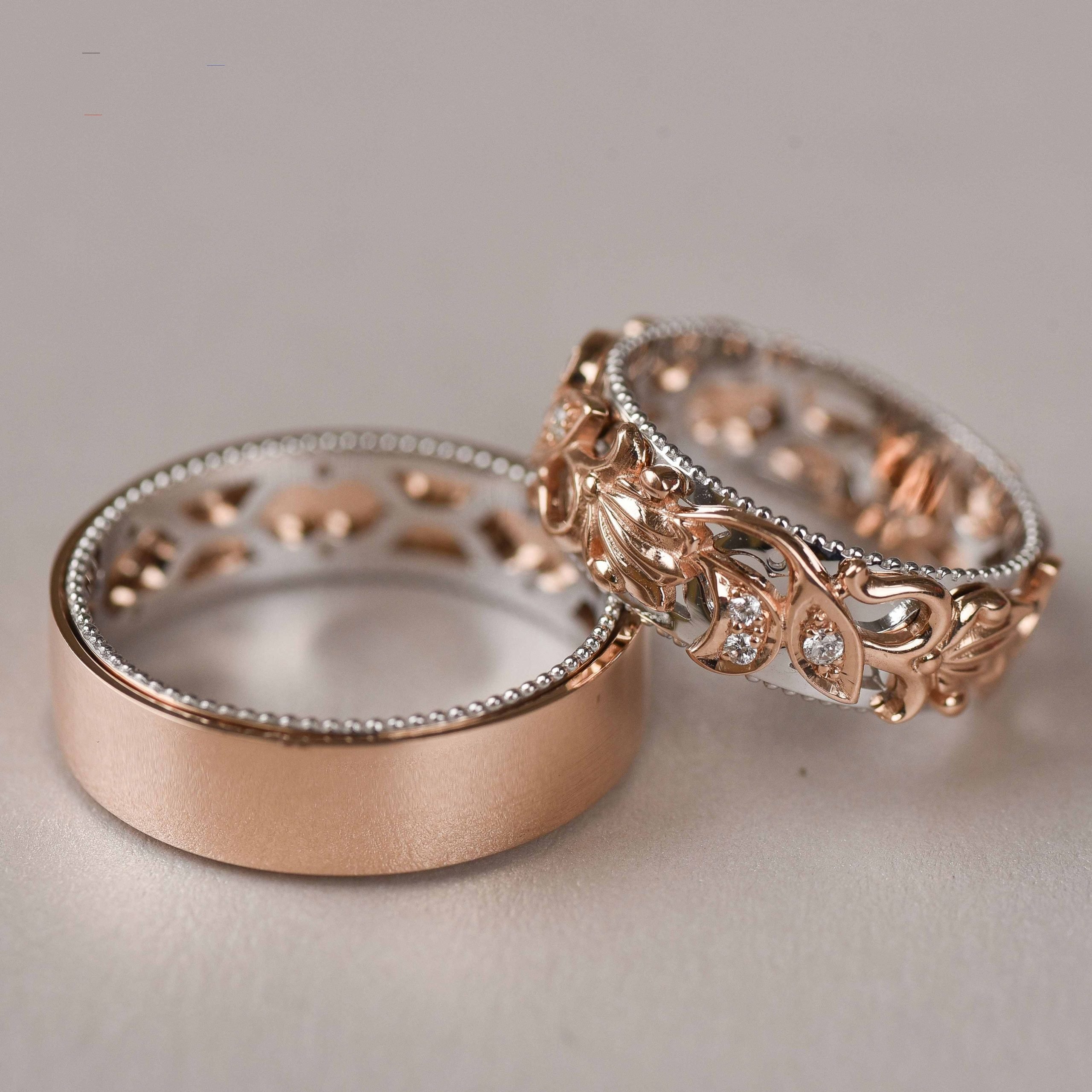 His and Her Wedding Bands, Rose Gold Wedding Rings, Unique Wedding Ring ...