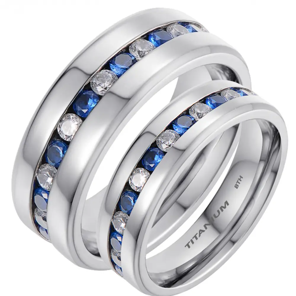 His and Hers Matching Titanium Blue Sapphire Wedding Couple Rings Set