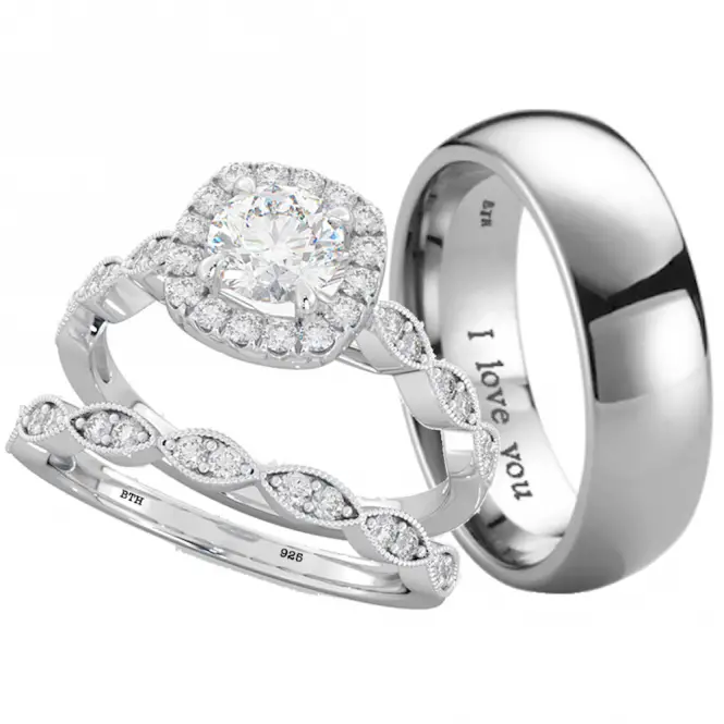 His and Hers Titanium/925 Sterling Silver Wedding Engagement Ring 3pcs ...