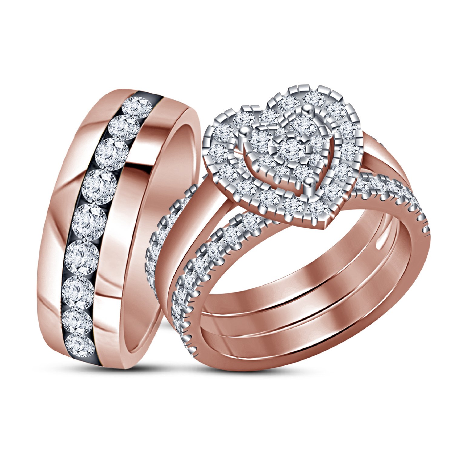 His And Hers Wedding Bands and Her Ring Rose Gold Finish Diamond Trio ...