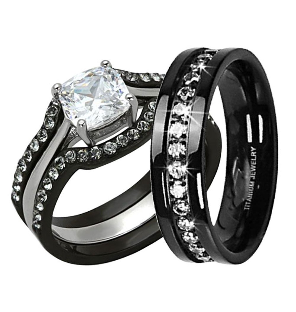His Hers 4 Pc Black Stainless Steel Titanium Wedding Engagement Ring ...