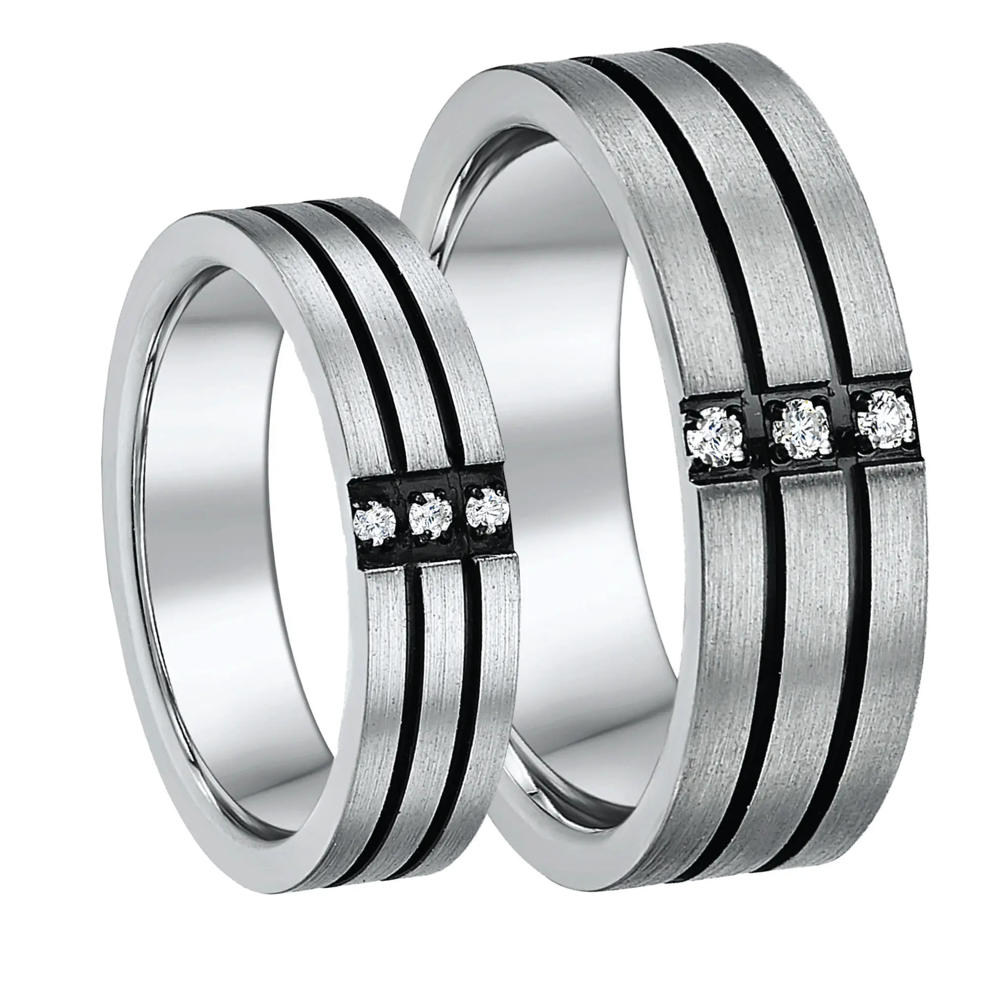 His &  Hers 5& 7mm Titanium Three Diamond Black Grooved Wedding Ring Set ...