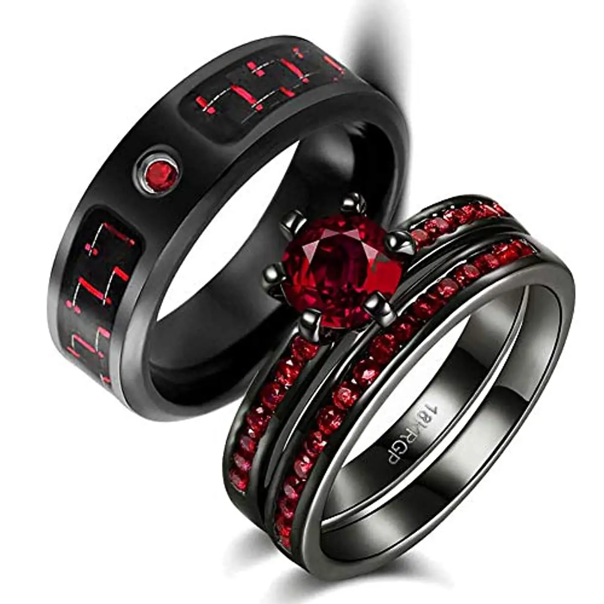 His Stainless Steel CZ and Her CZ Red black plated Engagement Wedding ...