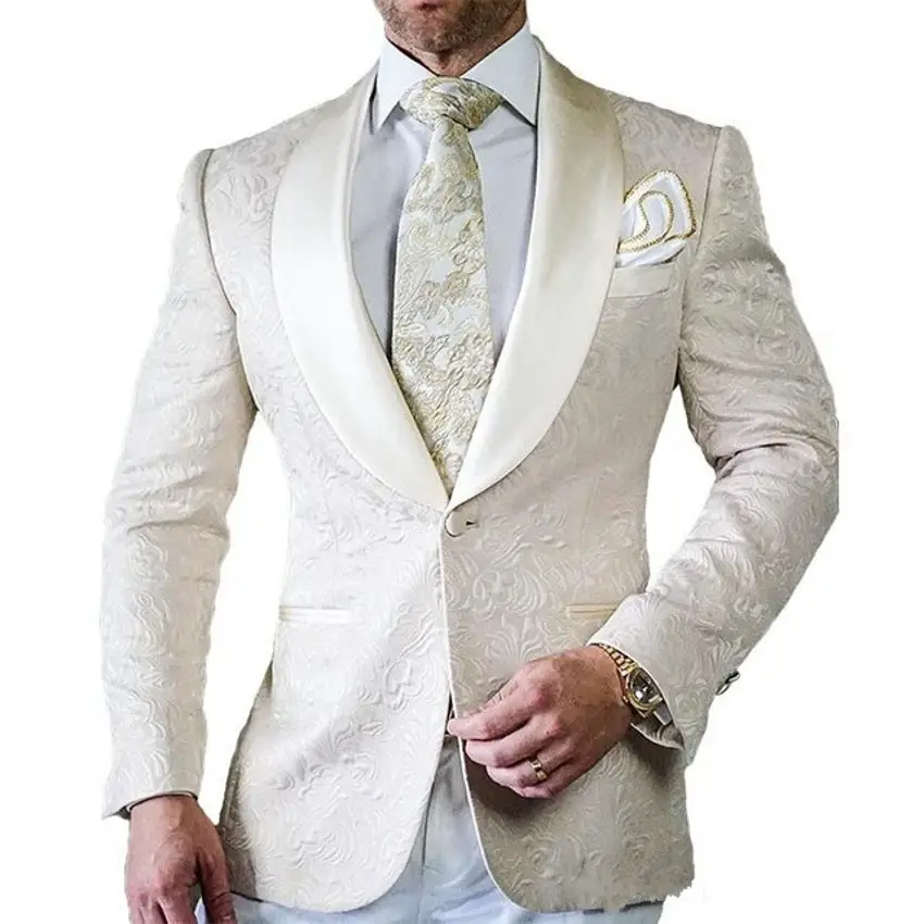 Ivory Jacquard Mens Suits With Pants Off White Floral Men Suit for ...