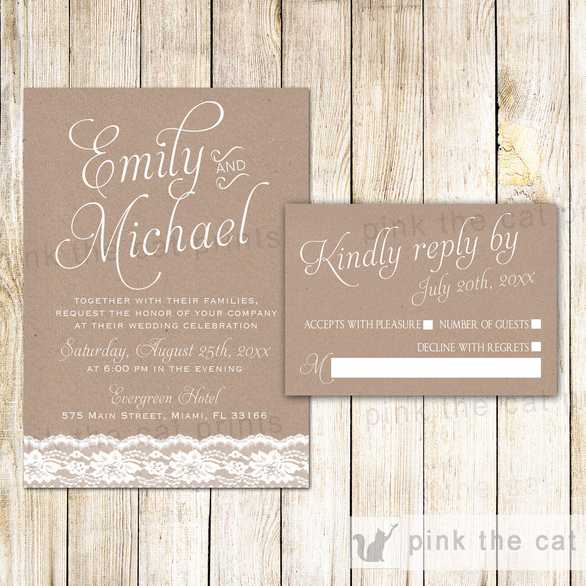 Lace Rustic Wedding Invitation &  RSVP Card  Pink The Cat