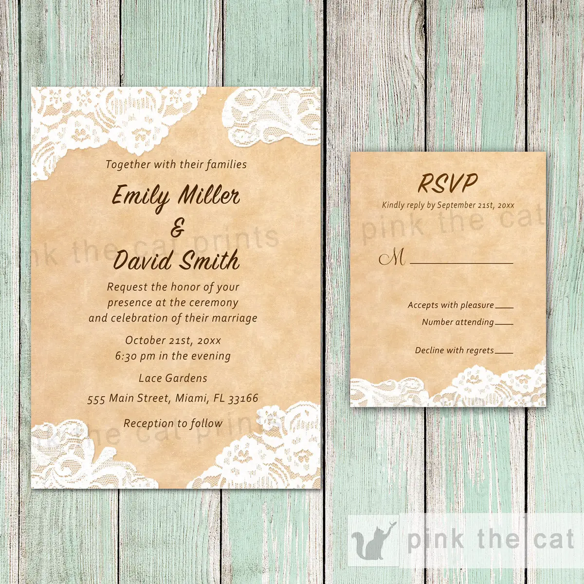 Lace Rustic Wedding Invitations &  RSVP Cards 2  Pink The Cat