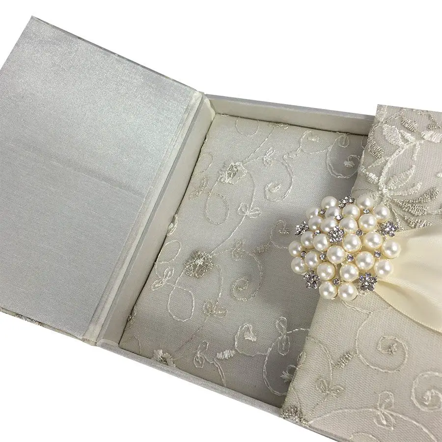 Lace Wedding Invitations &  Ivory Gatefold Box With Large Pearl Brooch ...
