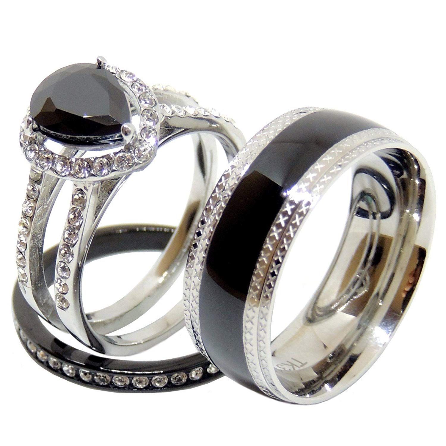 Lanyjewelry His Hers Couples Ring Set Womens Round CZ Stainless Steel ...
