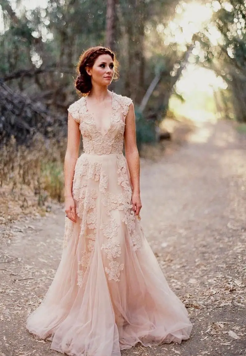 Light rose bohemian lacy wedding dress