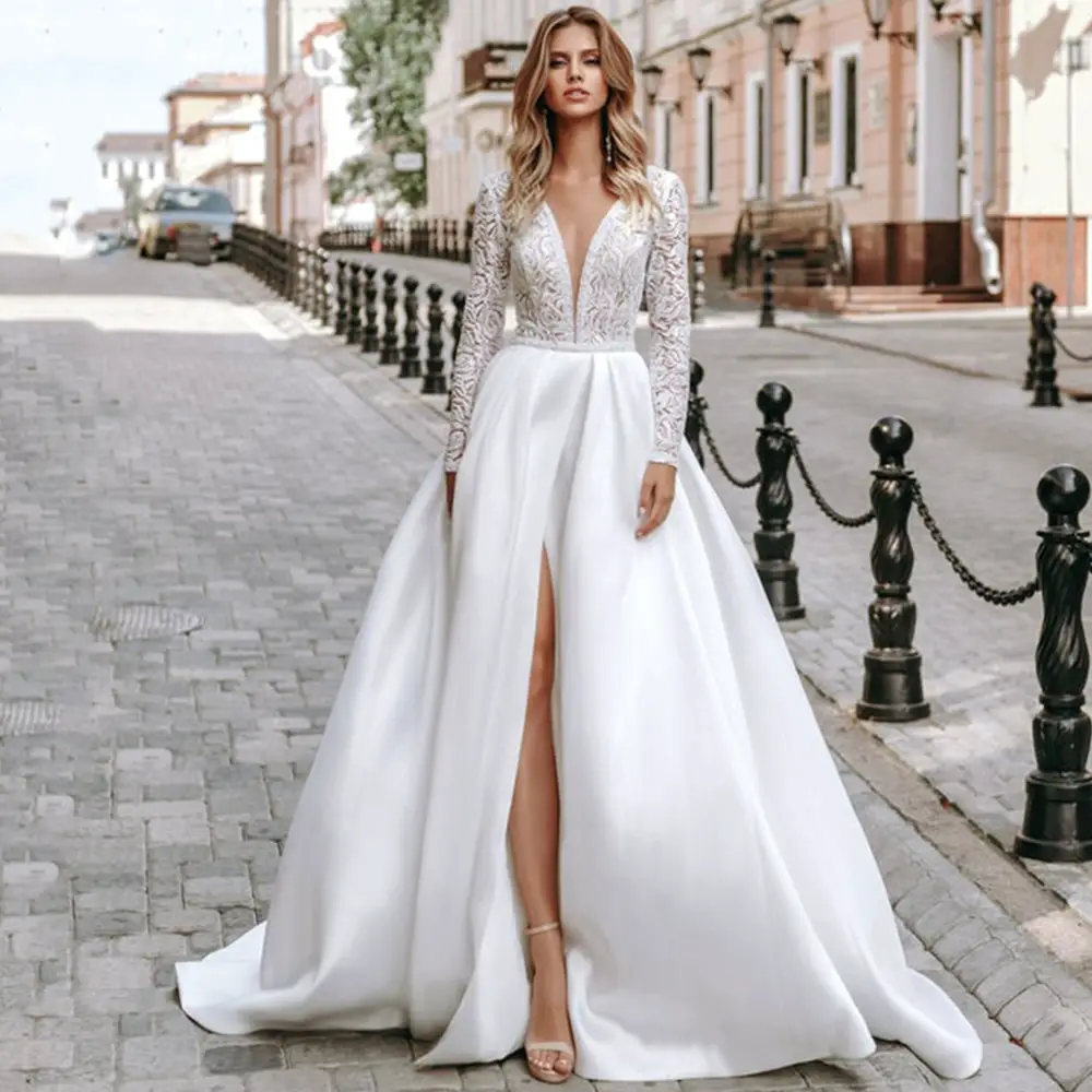 Long Sleeve Lace Wedding Dresses Satin V Neck Bridal Dress High Split A ...