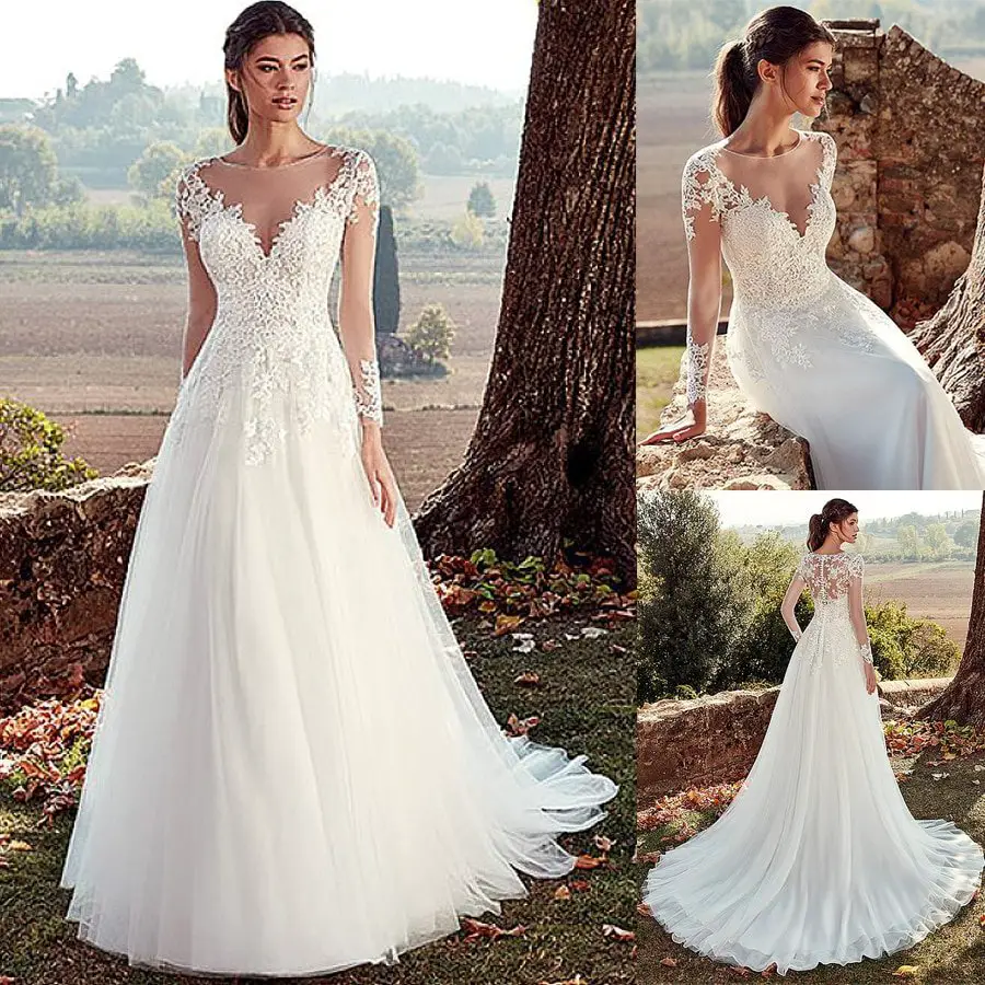 Long Sleeves A line Wedding Dresses With Illusion Back ...