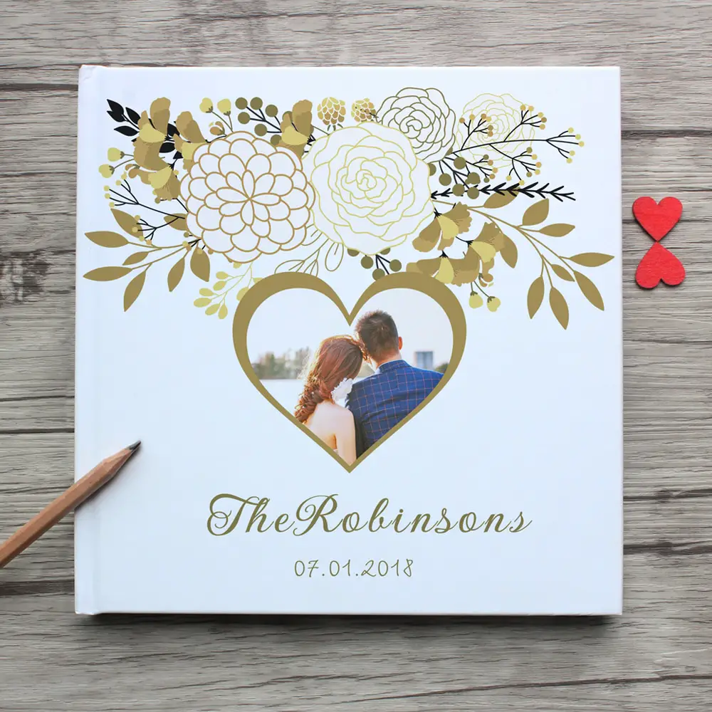 Love heart with personalized photo white wedding guest book,Floral ...