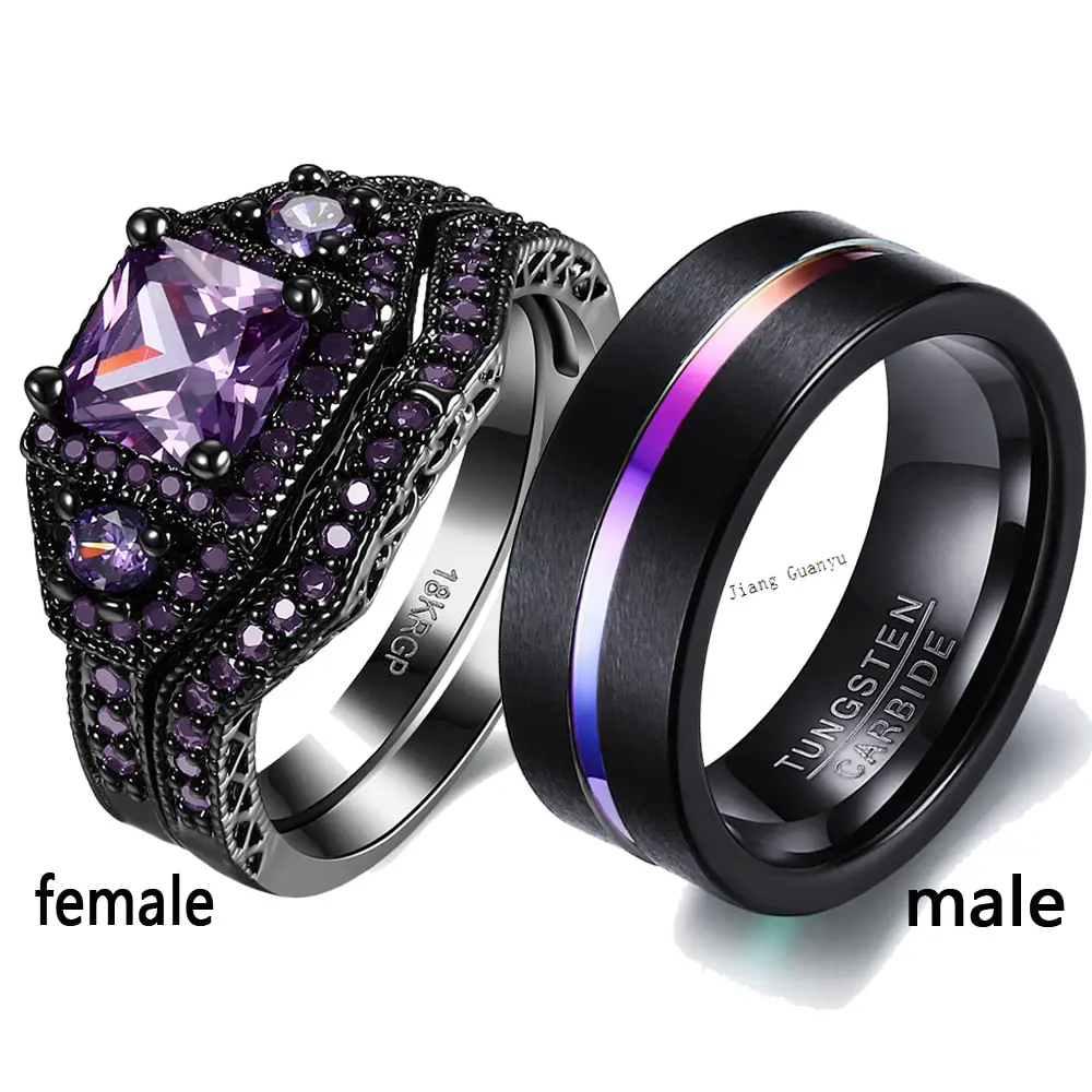 Loversring 2 Rings Couple Rings Princess cut Purple Cubic Zirconia ...