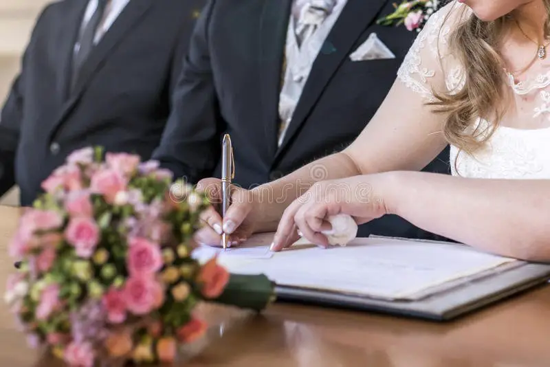 Marriage Elegant Bride Signing Register, Holding Pen And Official ...
