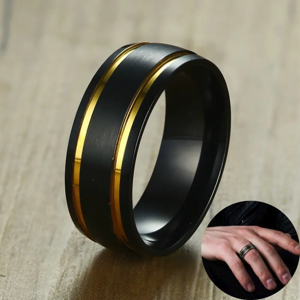 Men Brushed Black Wedding Band Gold Tone Double Grooved Ring 8mm ...
