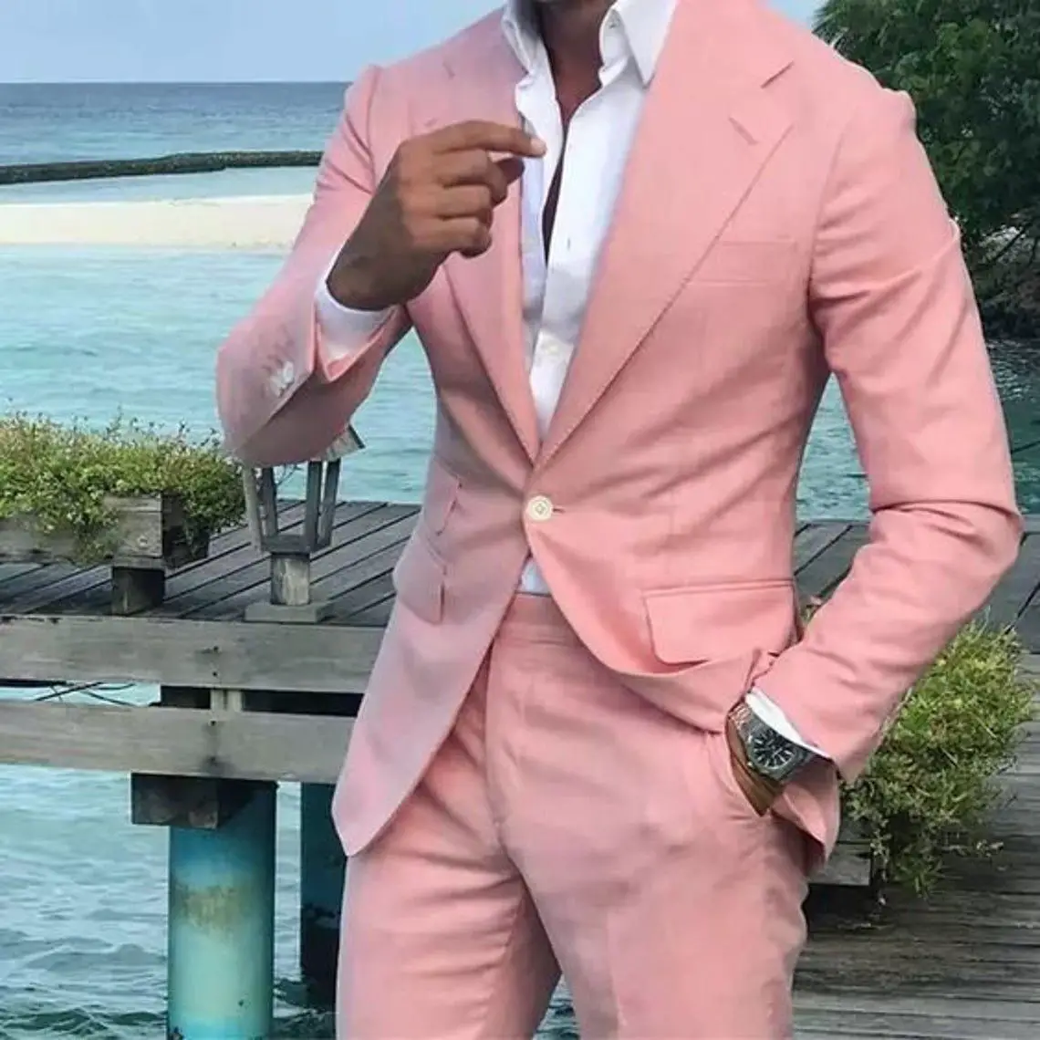 Men Suits groom Wedding Suits Pink Linen Suits Slim Fit 1