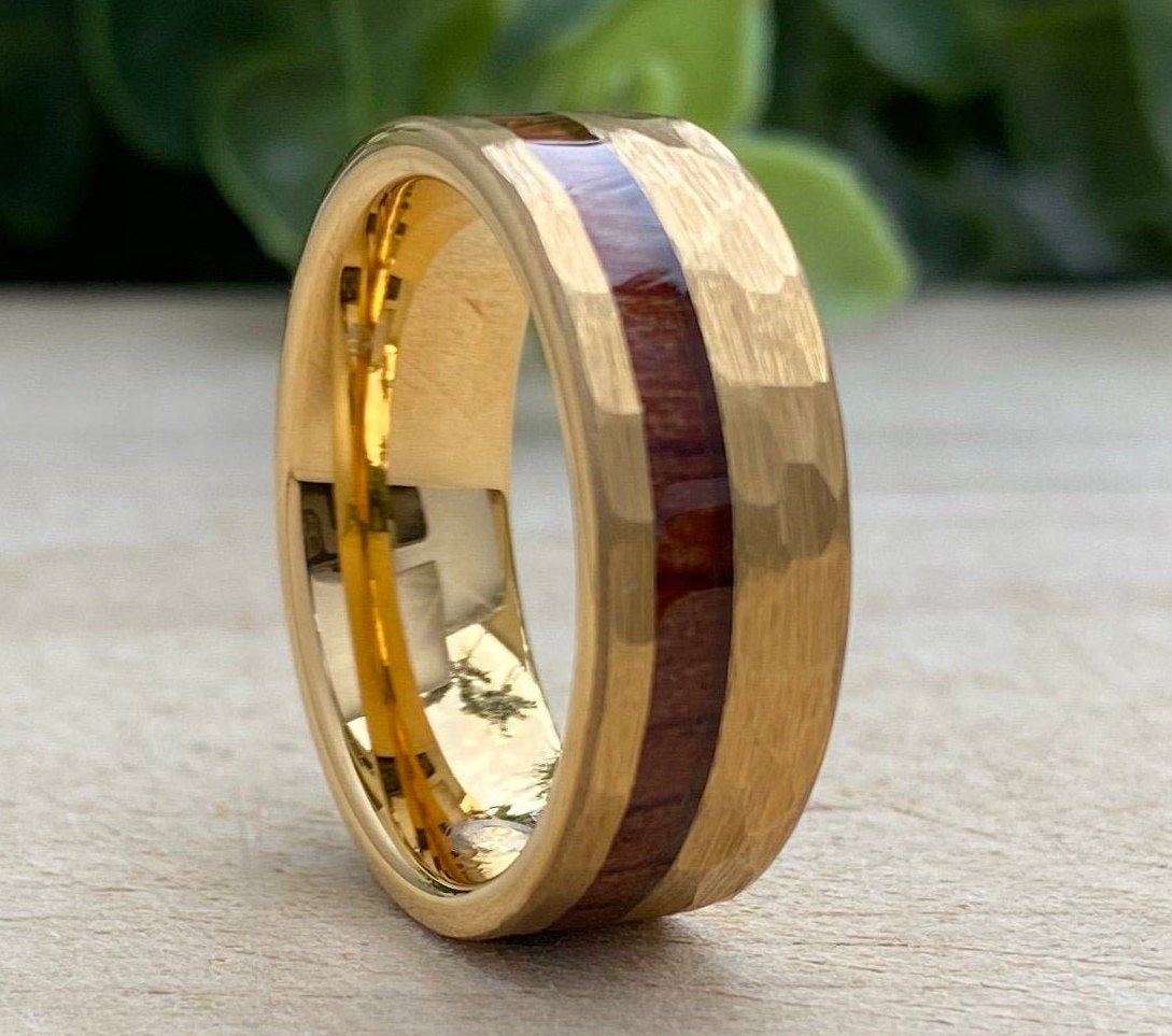 Mens Gold Hammered Tungsten Carbide Ring Wood Inlay 8MM Male