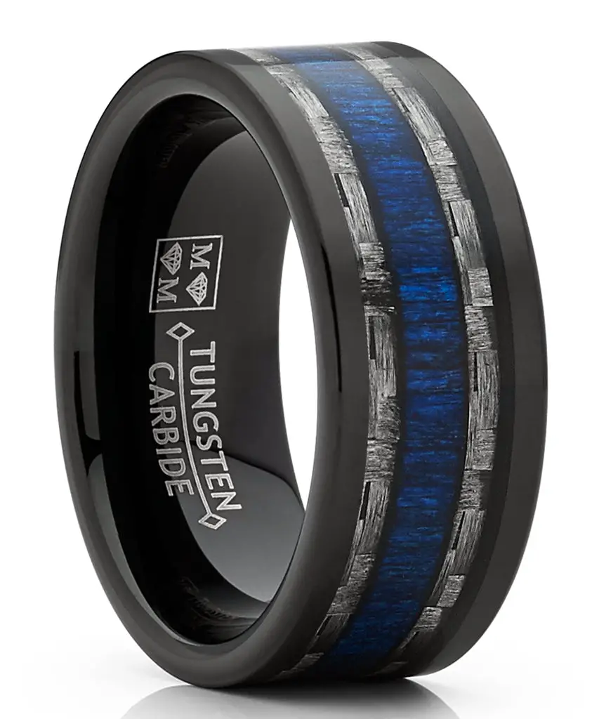 Mens Tungsten Wedding Band Ring Carbon Fiber Blue Wood Inlay 9MM Comfo ...