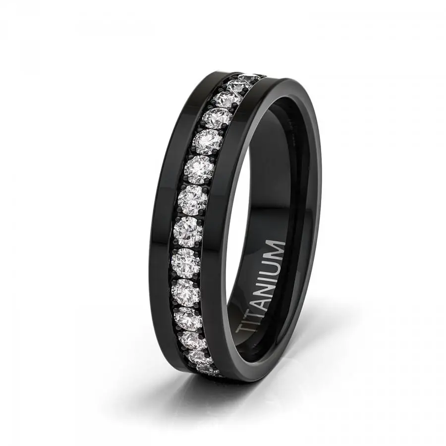 Mens Wedding Band 6mm Black Titanium Ring Fully Stacked CZ Diamonds ...