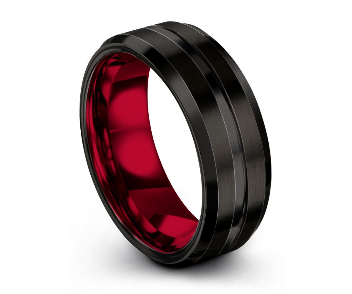 Mens Wedding Band Black, Red Wedding Ring, Tungsten Ring, Engagement ...