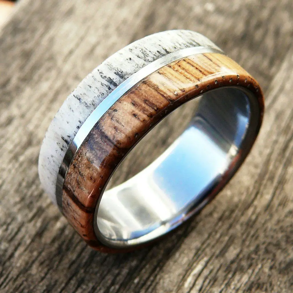Mens Wood Deer Antler Wedding Ring