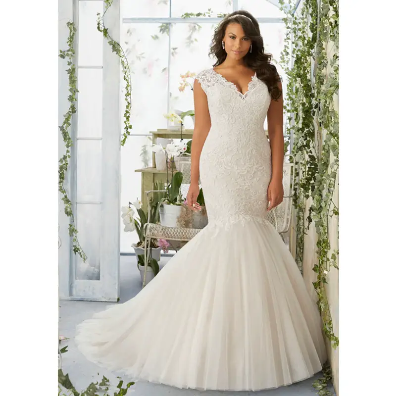Mermaid Plus Size Wedding Dress RM3192 Elegant Lace Appliques V Neck ...