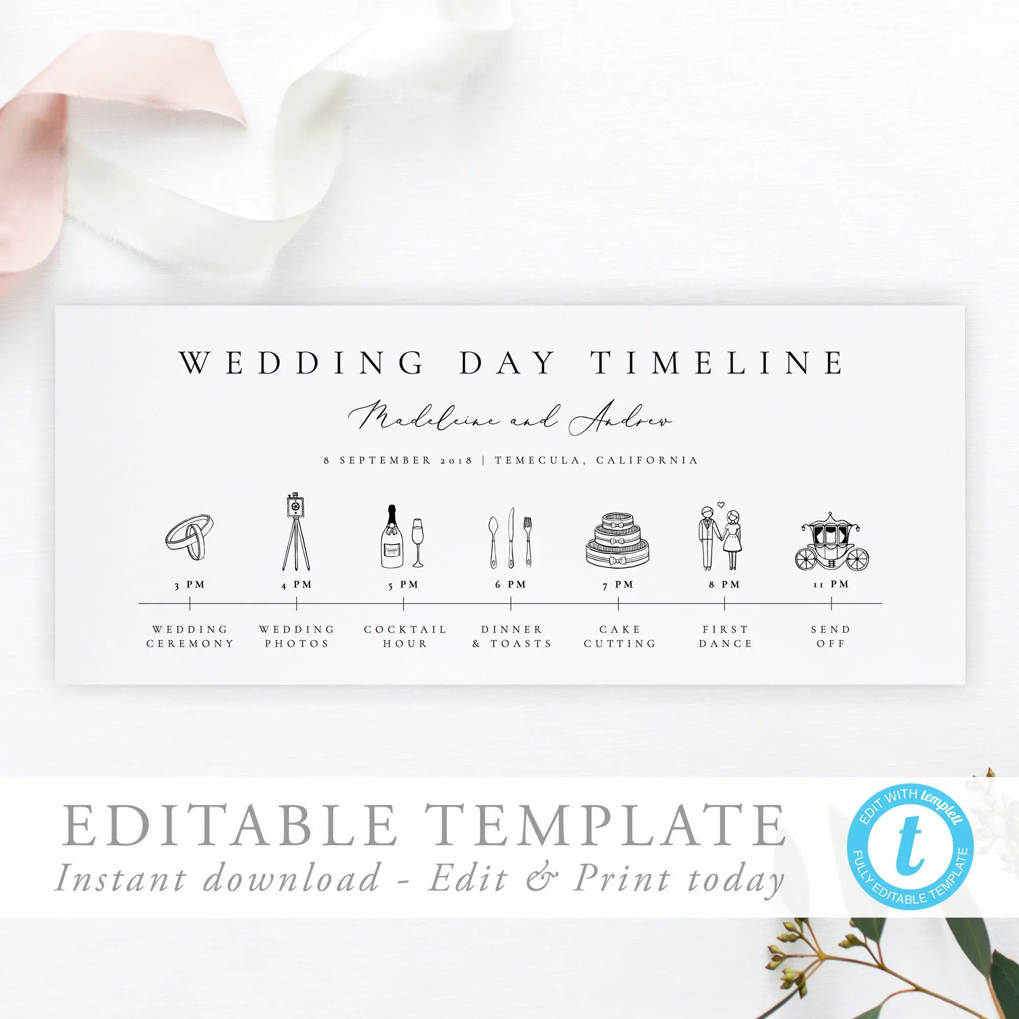 Modern Wedding Day Timeline Card Template Simple Wedding