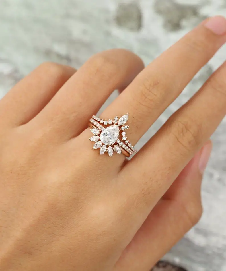 Moissanite engagement ring set vintage Pear shaped Unique Rose