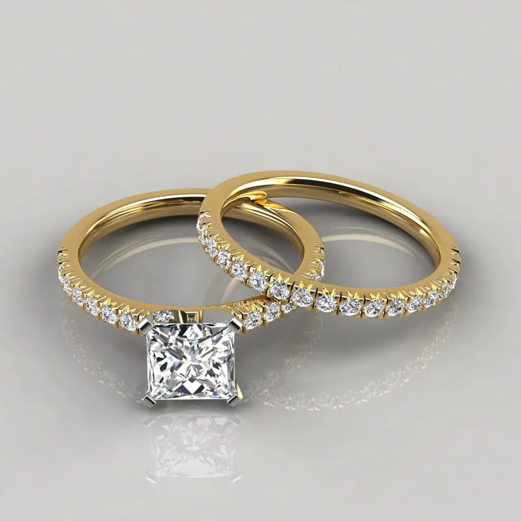 Moissanite French Pave Cut Engagement Ring and Wedding Band Set ...