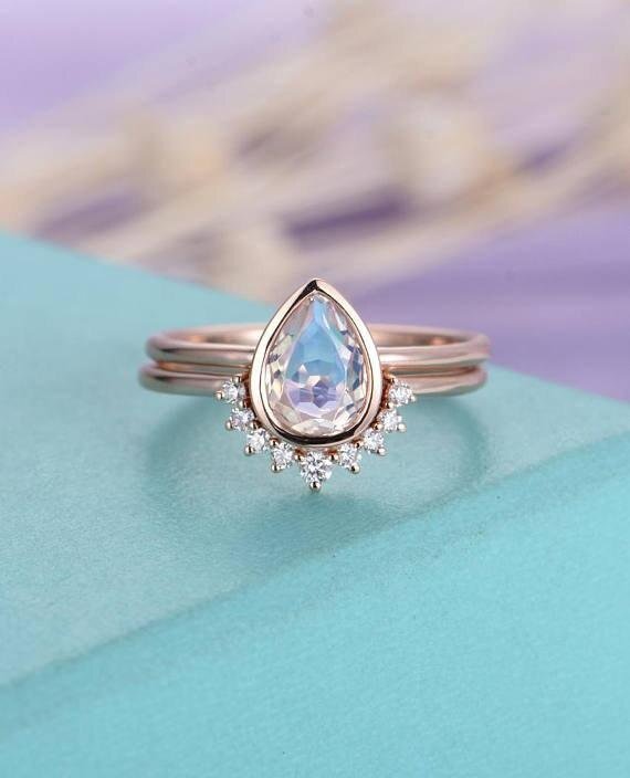 MYRAY Pear Shape Moonstone Engagement Ring Set 14k Rose Gold Curved ...
