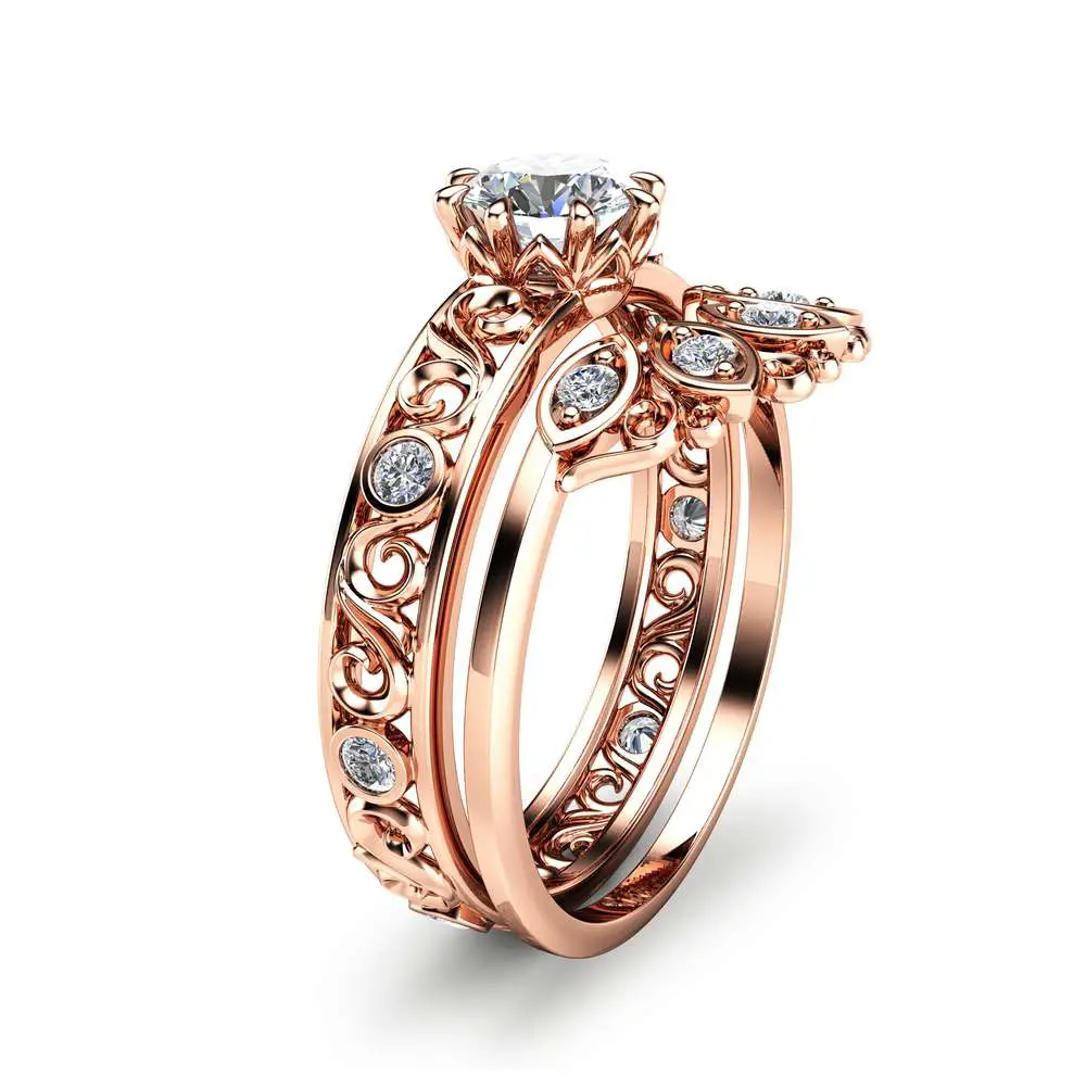 Natural Diamond Wedding Ring Set in 14K Rose Gold Unique Diamond ...