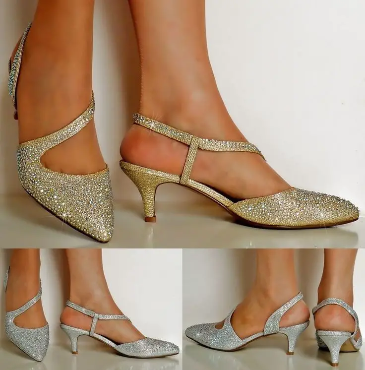 NEW Ladies Diamante Party Evening Prom Low Kitten Heel Court Shoe Size ...