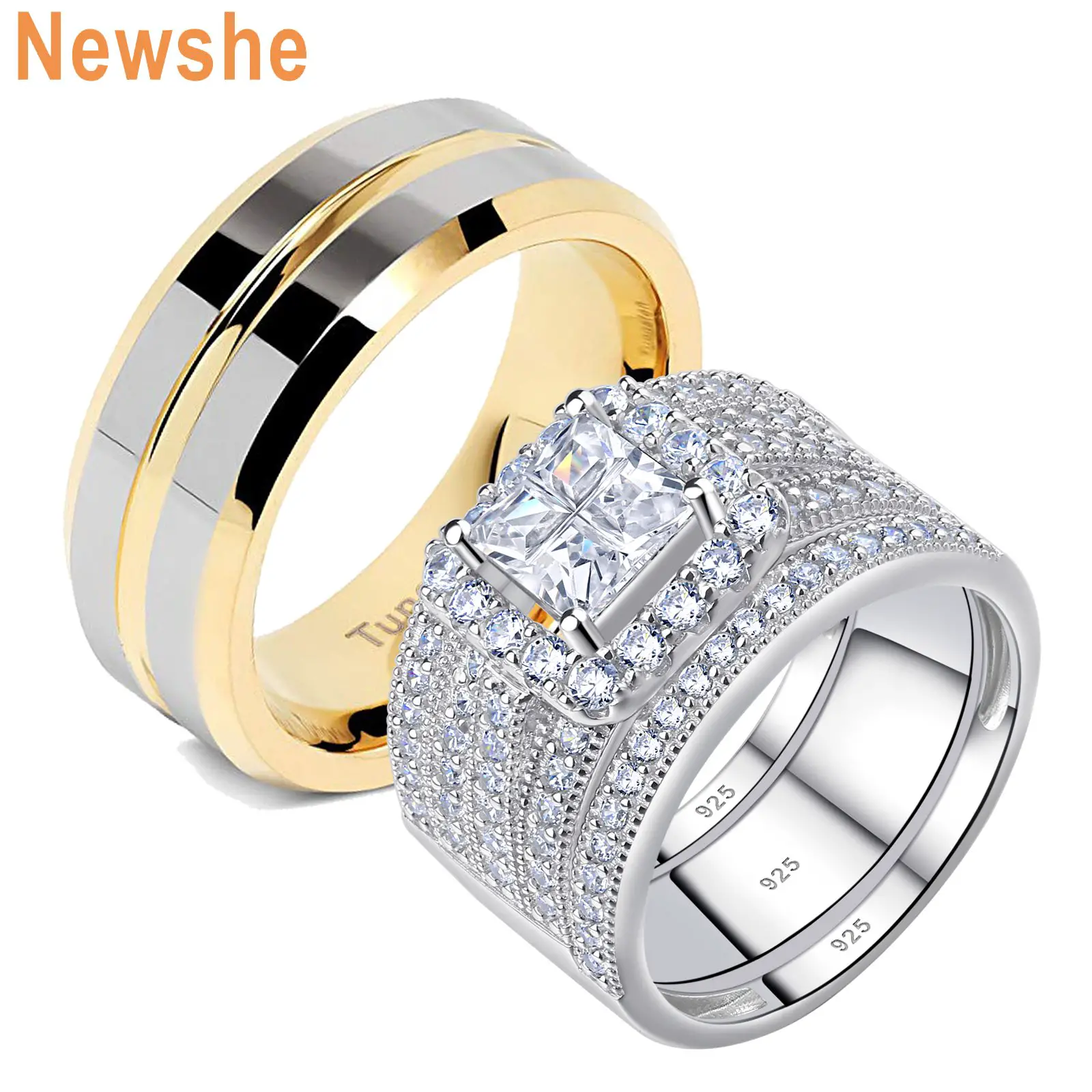 Newshe Wedding Ring Sets For Him and Her Women Men Tungsten Bands Cz ...