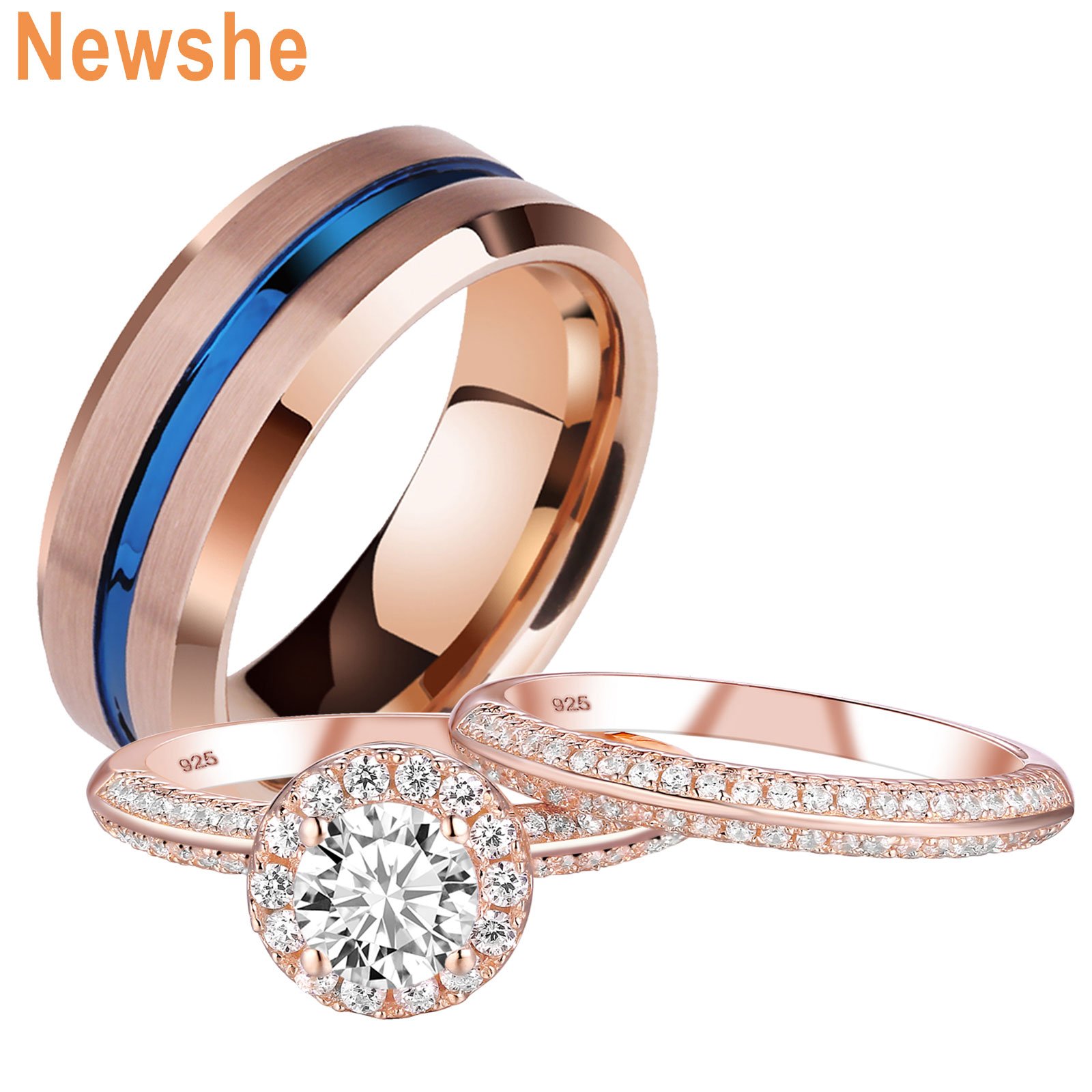Newshe Wedding Rings Set For Him and Her Women Men Tungsten Bands Rose ...