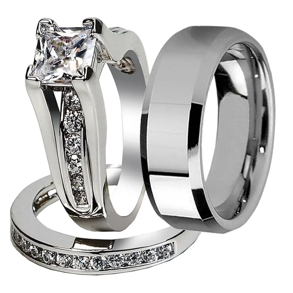 Nice 3 Pcs Her &  His Stainless Steel Couple Wedding Engagement Ring ...