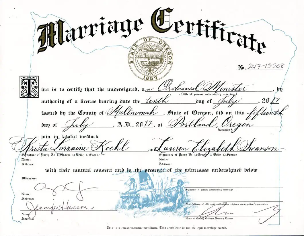 Oregon Wedding Certificate