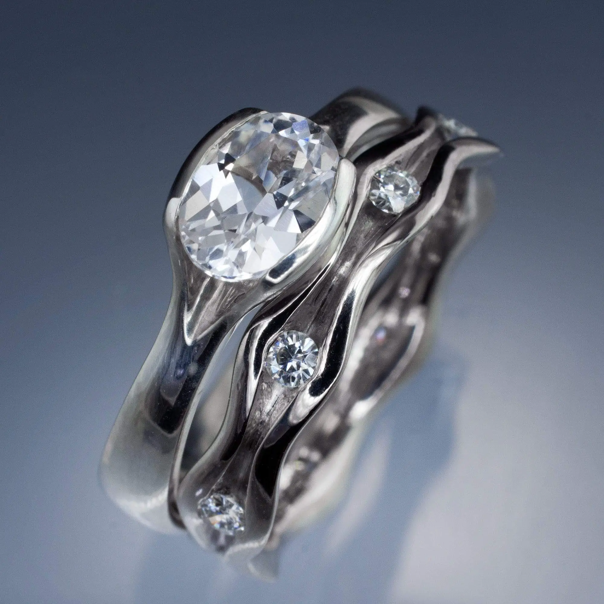 Oval White Sapphire Half Bezel Engagement Ring &  Wave Wedding Band ...