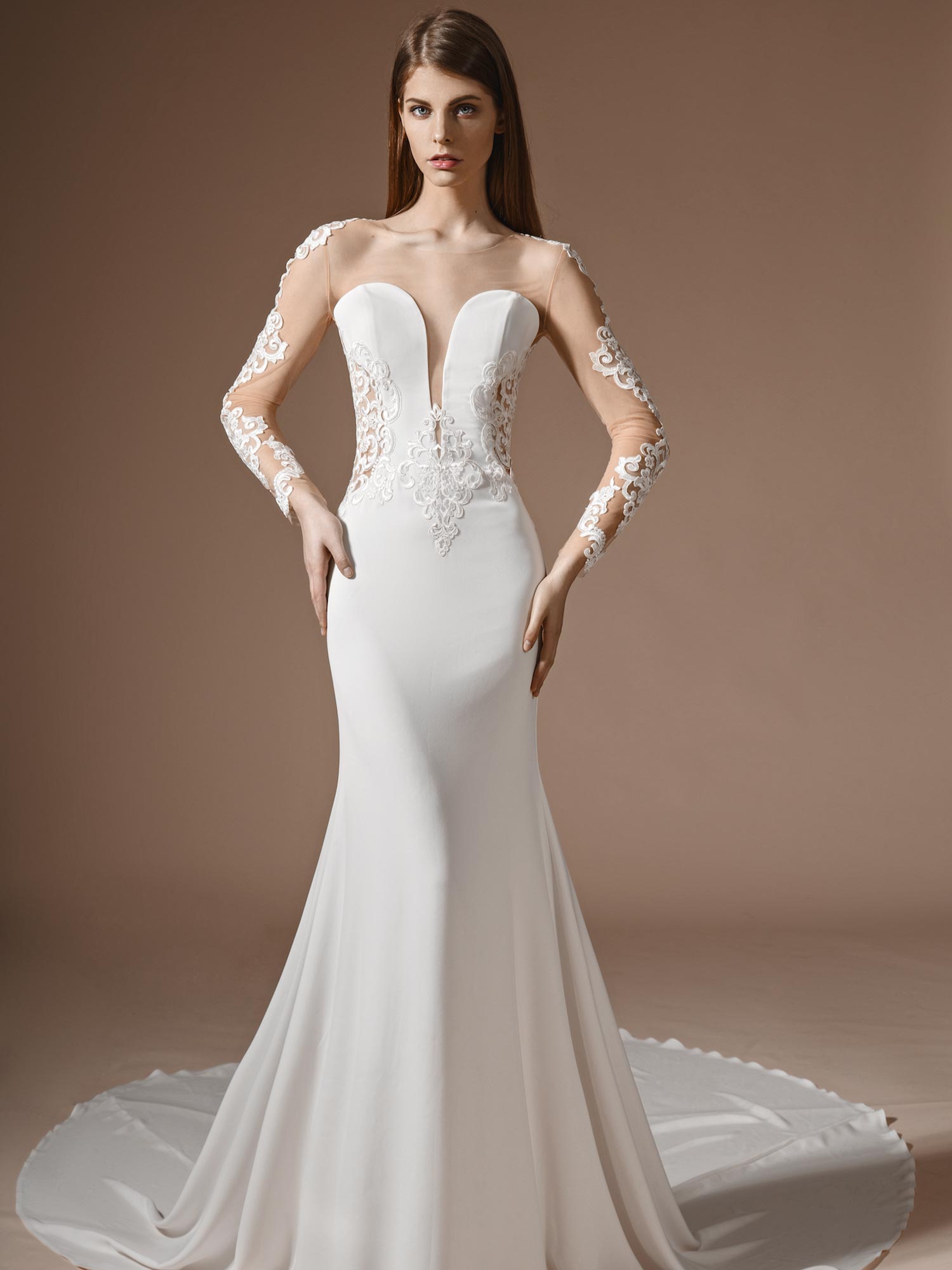 Papilio Fit and flare style wedding dress with illusion neckline and ...